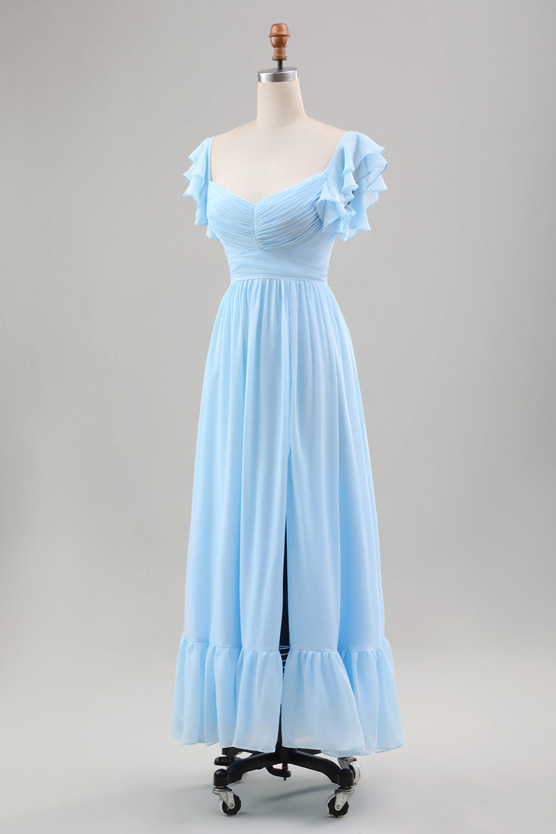 Load image into Gallery viewer, Sky Blue A Line Chiffon Wedding Guest Dress with Ruffle Sleeves