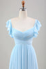 Load image into Gallery viewer, Sky Blue A Line Chiffon Wedding Guest Dress with Ruffle Sleeves