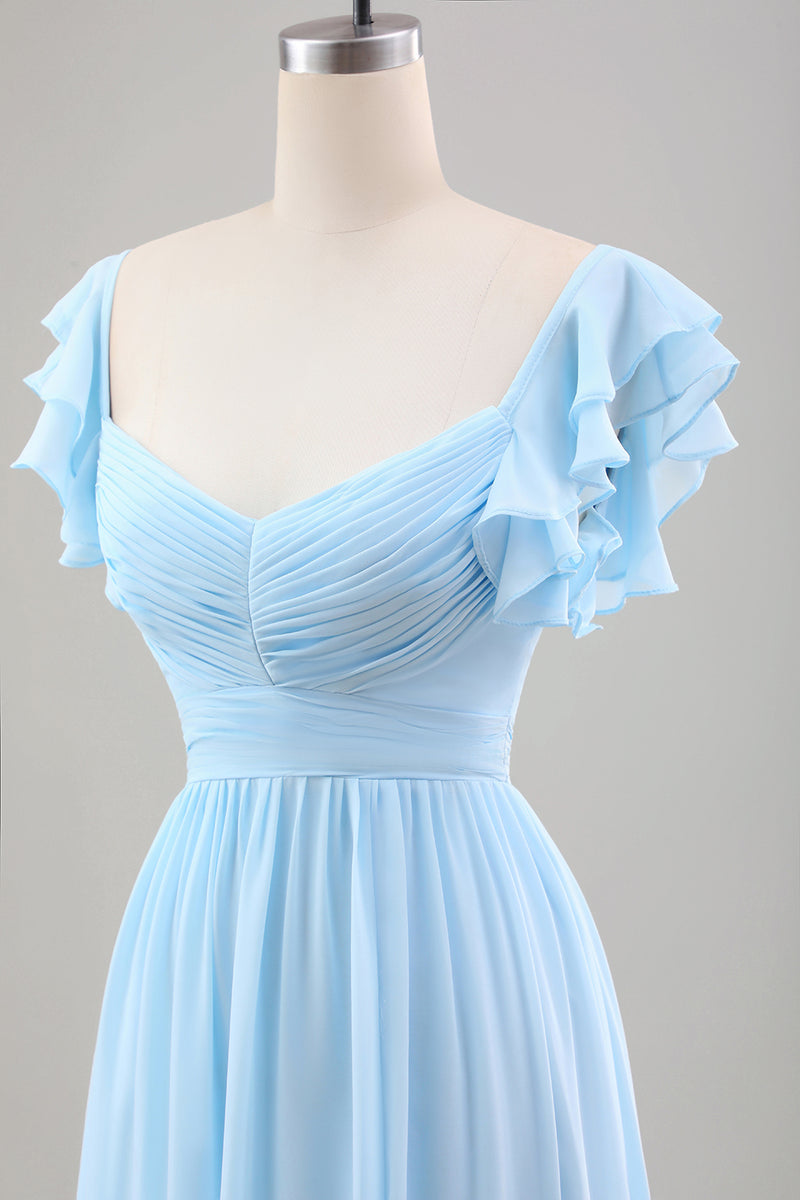 Load image into Gallery viewer, Sky Blue A Line Chiffon Wedding Guest Dress with Ruffle Sleeves