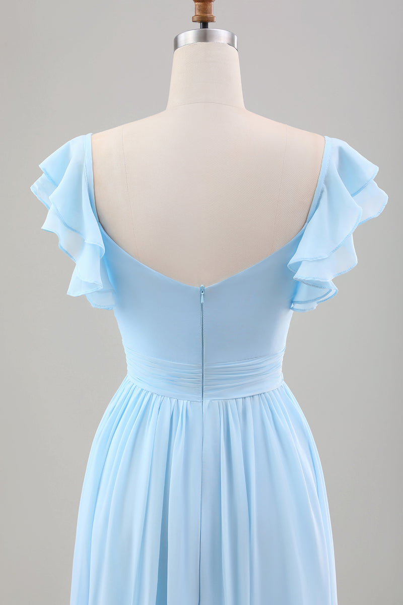 Load image into Gallery viewer, Sky Blue A Line Chiffon Wedding Guest Dress with Ruffle Sleeves