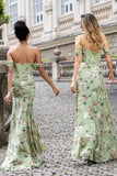 Green Flower A Line Spaghetti Straps Print Long Wedding Party Guest Dress with Slit