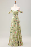 Green A Line Spaghetti Straps Floral Wedding Guest Dress with Slit