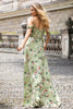 Load image into Gallery viewer, Green A Line Spaghetti Straps Floral Wedding Guest Dress with Slit