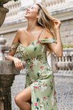 Green Flower A Line Spaghetti Straps Print Long Wedding Party Guest Dress with Slit