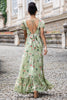 Load image into Gallery viewer, Green Flower A Line V Neck Tea Length Wedding Guest Dress with Short Sleeves