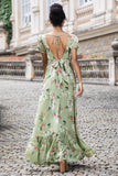 Green Flower A Line V Neck Backless Wedding Party Guest Dress with Short Sleeves