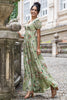 Load image into Gallery viewer, Green Flower A Line V Neck Backless Long Wedding Party Guest Dress with Short Sleeves