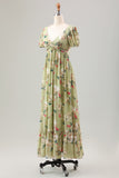 Green Flower A Line V Neck Tea Length Wedding Guest Dress with Short Sleeves