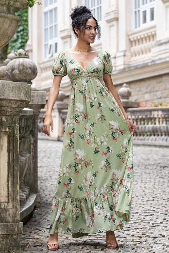 Green Flower A Line V Neck Tea Length Wedding Guest Dress with Short Sleeves