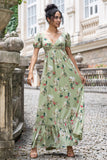 Green Flower A Line V Neck Backless Long Wedding Party Guest Dress with Short Sleeves