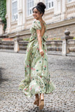 Green Flower A Line V Neck Backless Wedding Party Guest Dress with Short Sleeves