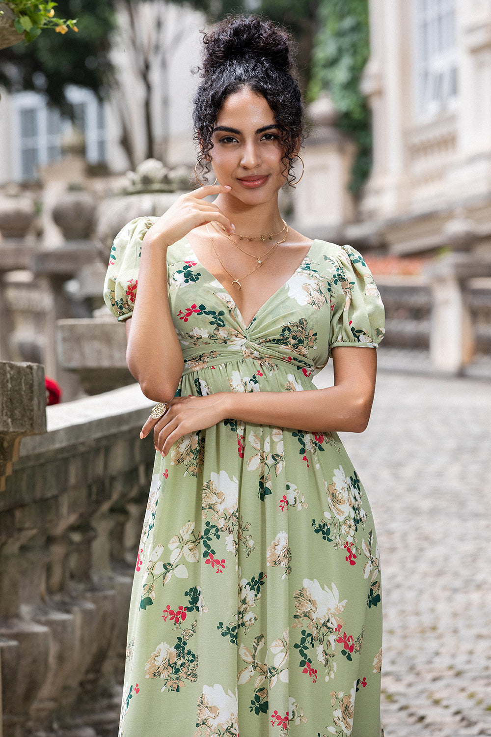 Zapaka Women Green Flower Wedding Guest Dress with Short Sleeves V Neck Tea Length Backless Bridesmaid Dress ZAPAKA UK Zapaka Women Green Flower Wedding Guest Dress with Short Sleeves V Neck Tea Length Backless Bridesmaid Dress ZAPAKA UK