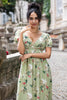 Load image into Gallery viewer, Green Flower A Line V Neck Backless Long Wedding Party Guest Dress with Short Sleeves