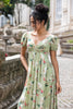 Load image into Gallery viewer, Green Flower A Line V Neck Backless Long Wedding Party Guest Dress with Short Sleeves