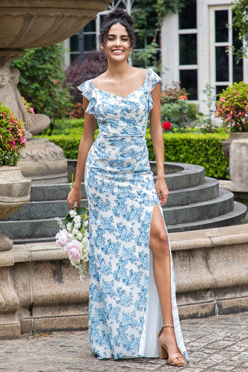 White Blue Flower Mermaid Print Long Wedding Party Guest Dress with Slit