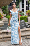 White Blue Flower Mermaid Print Maxi Wedding Party Guest Dress with Slit
