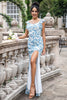 Load image into Gallery viewer, White Blue Flower Mermaid Print Long Wedding Party Guest Dress with Slit