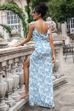 White Blue Flower Mermaid Print Long Wedding Party Guest Dress with Slit