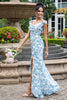 Load image into Gallery viewer, White Blue Flower Mermaid Print Long Wedding Party Guest Dress with Slit