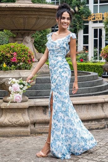 White Blue Flower Mermaid Print Long Wedding Party Guest Dress with Slit