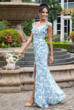 White Blue Flower Mermaid Print Maxi Wedding Party Guest Dress with Slit
