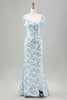 Load image into Gallery viewer, White Blue Flower Mermaid Long Wedding Guest Dress with Slit