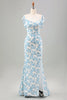 Load image into Gallery viewer, White Blue Flower Mermaid Print Long Wedding Party Guest Dress with Slit