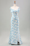 White Blue Flower Mermaid Print Long Wedding Party Guest Dress with Slit