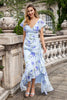 Load image into Gallery viewer, Blue Floral Ruffles Asymmetrical Wedding Party Guest Dress with Slit