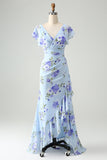 Blue Floral Ruffles Asymmetrical Wedding Party Guest Dress with Slit