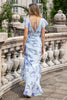 Load image into Gallery viewer, Blue Floral A Line Ruffles Asymmetrical Wedding Guest Dress