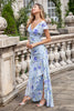 Load image into Gallery viewer, Blue Floral Ruffles Asymmetrical Wedding Party Guest Dress with Slit