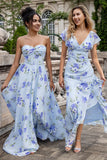 Blue Floral Ruffles Asymmetrical Wedding Party Guest Dress with Slit