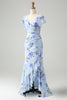 Load image into Gallery viewer, Blue Floral A Line Ruffles Asymmetrical Wedding Guest Dress