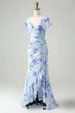 Blue Floral A Line Ruffles Asymmetrical Wedding Guest Dress