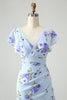 Load image into Gallery viewer, Blue Floral A Line Ruffles Asymmetrical Wedding Guest Dress