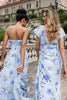 Load image into Gallery viewer, Blue Floral A Line Sweetheart Strapless Print Pleated Long Wedding Guest Dress