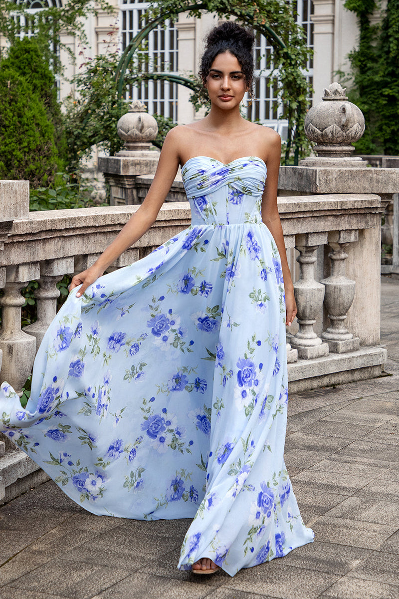 Load image into Gallery viewer, Blue Floral A Line Sweetheart Strapless Pleated Long Wedding Guest Dress