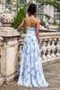 Load image into Gallery viewer, Blue Floral A Line Sweetheart Strapless Print Pleated Long Wedding Guest Dress