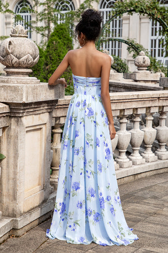 Blue Floral A Line Sweetheart Strapless Pleated Long Wedding Guest Dress