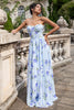 Load image into Gallery viewer, Blue Floral A Line Sweetheart Strapless Print Pleated Long Wedding Guest Dress