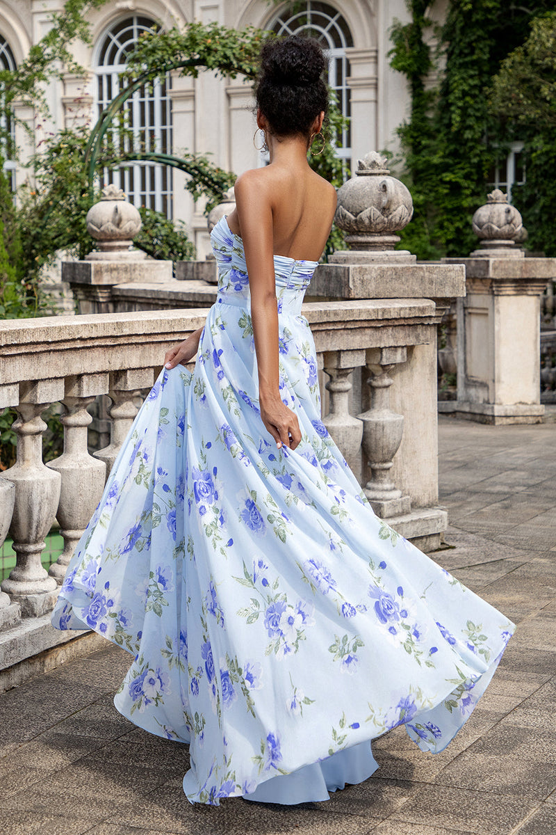 Load image into Gallery viewer, Blue Floral A Line Sweetheart Strapless Print Pleated Long Wedding Guest Dress