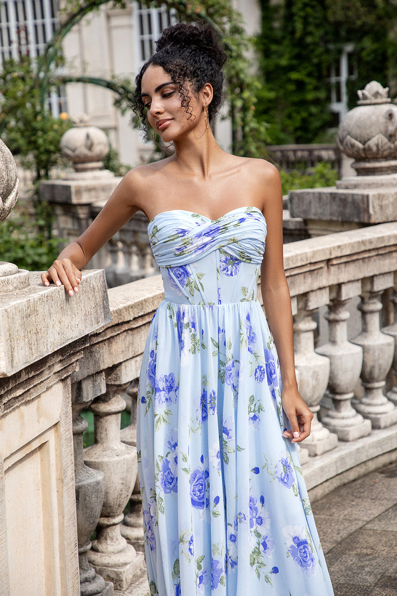 Load image into Gallery viewer, Blue Floral A Line Sweetheart Strapless Print Pleated Long Wedding Guest Dress