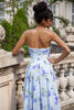 Load image into Gallery viewer, Blue Floral A Line Sweetheart Strapless Print Pleated Long Wedding Guest Dress