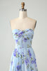 Load image into Gallery viewer, Blue Floral A Line Sweetheart Strapless Pleated Long Wedding Guest Dress