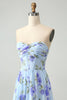 Load image into Gallery viewer, Blue Floral A Line Sweetheart Strapless Pleated Long Wedding Guest Dress