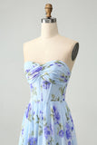 Blue Floral A Line Sweetheart Strapless Pleated Long Wedding Guest Dress