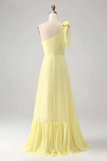 Yellow A Line One Shoulder Long Wedding Party Guest Dress with Slit