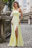 Yellow A Line One Shoulder Long Wedding Party Guest Dress with Slit