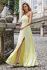 Load image into Gallery viewer, Yellow A Line One Shoulder Long Wedding Party Guest Dress with Slit